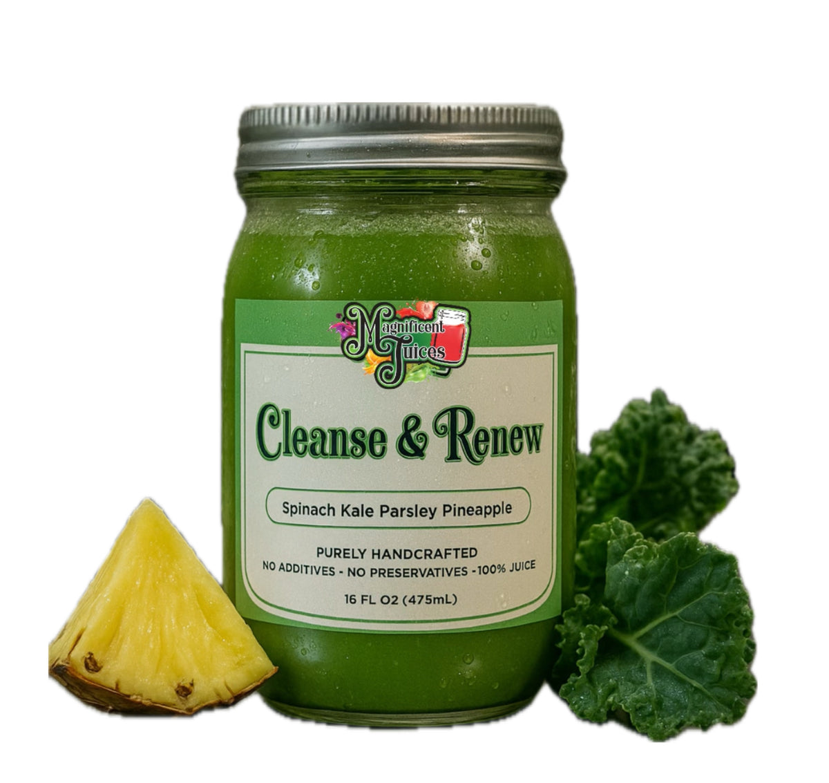 A promotional graphic for Magnificent Juices featuring the 5-Day Detox Package. The package includes 25 organic cold-pressed juices, 5 ginger wellness shots, and three signature juice flavors: Sunrise, Green Machine, and Cleanse & Renew. Fresh fruits and vegetables are highlighted throughout the cleanse, with a five-day wellness schedule designed to support hydration, nourishment, and a healthy lifestyle. Handcrafted fresh in Las Vegas using organic ingredients.
@magnificentjuices @uniquu.marketing_