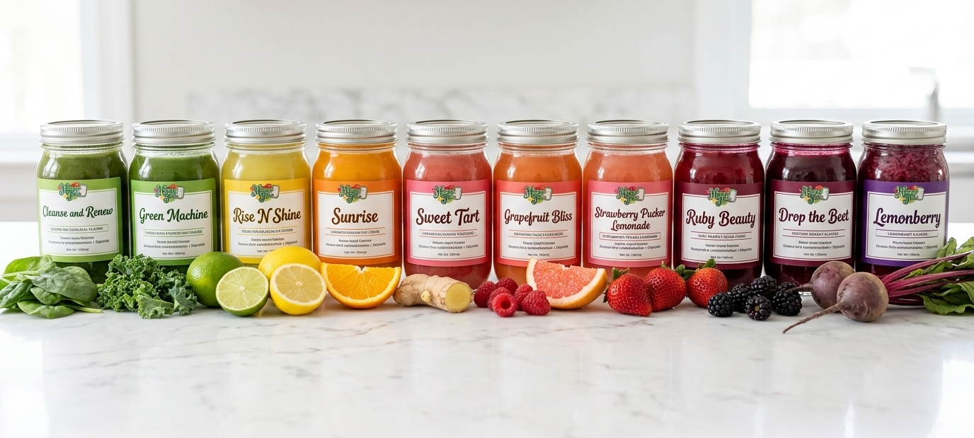 Magnificent Juices cold-pressed juice flavor options featuring fresh fruit and vegetable blends in Las Vegas, Nevada.